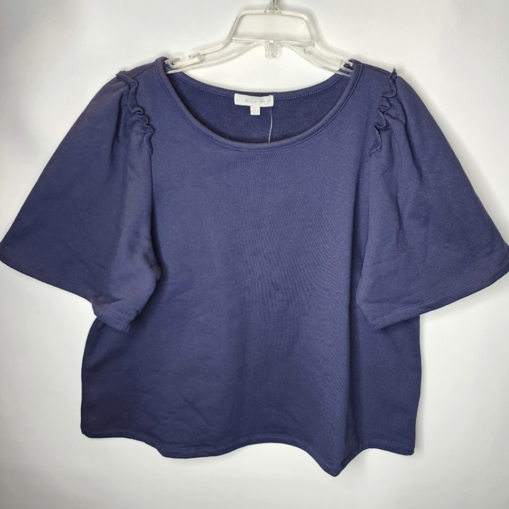 Anthropologie Eri & Ali Short Sleeve Sweatshirt Navy Blue Top Size Large NWT
